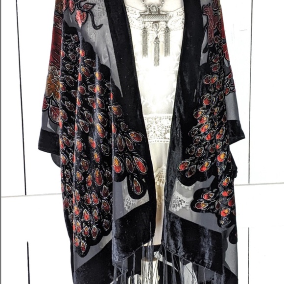 Velvet velour sheer burnout peacock kimono cover up cardigan jacket custom - Picture 3 of 5